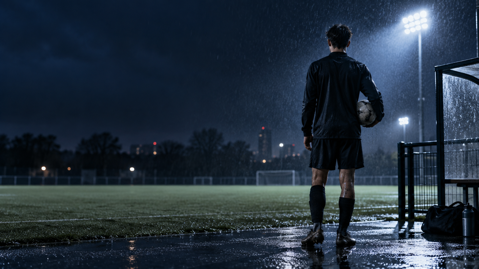 Young footballer looking across a floodlit pitch