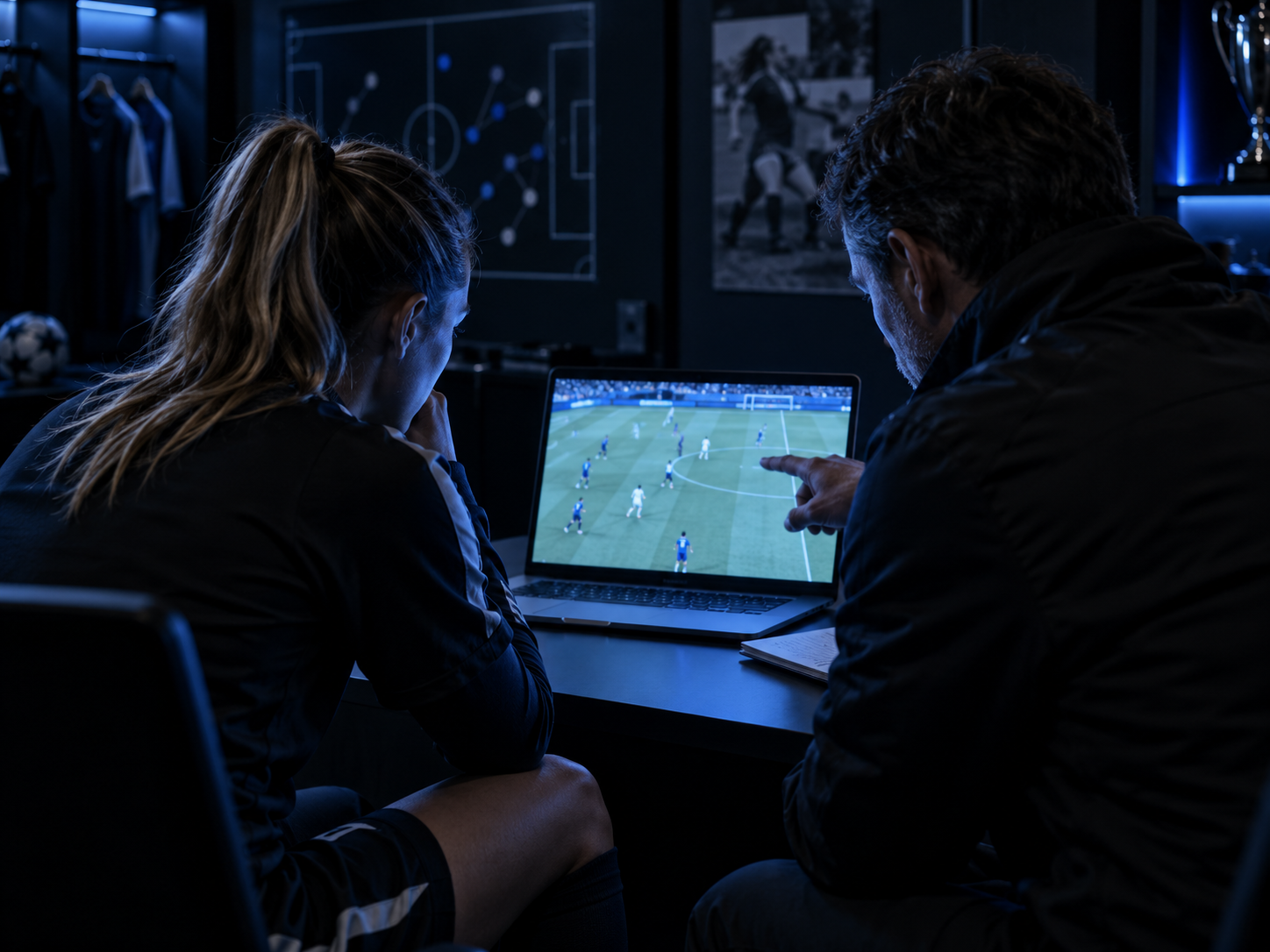 Player and mentor reviewing football match footage